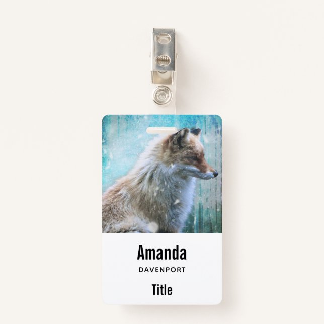 Cute Furry Fox on Blue Grunge Background ID Badge (Front with Clip)