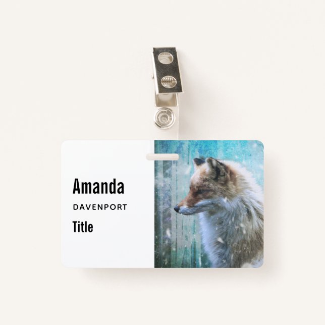 Cute Furry Fox on Blue Grunge Background ID Badge (Front with Clip)