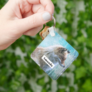 Cute Furry Fox on Blue Grunge Background Key Ring