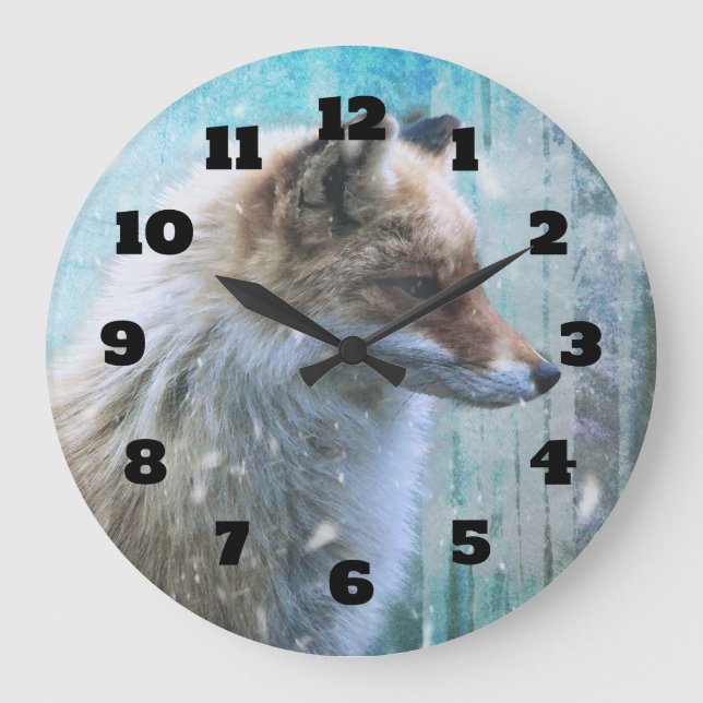 Cute Furry Fox on Blue Grunge Background Large Clock (Front)