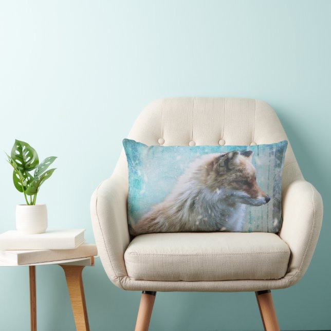 Cute Furry Fox on Blue Grunge Background Lumbar Cushion (Chair)