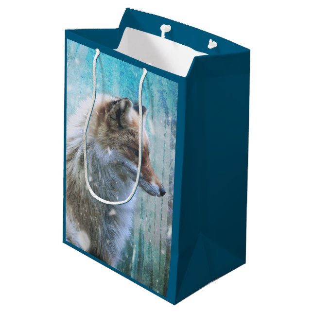Cute Furry Fox on Blue Grunge Background Medium Gift Bag (Back Angled)
