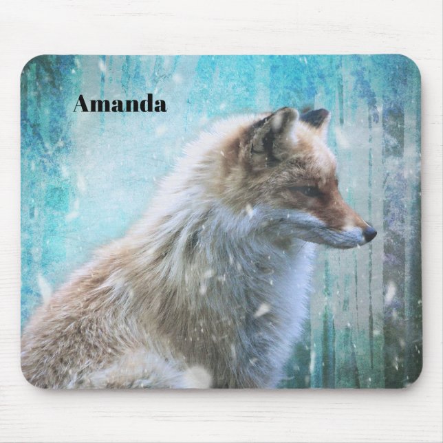 Cute Furry Fox on Blue Grunge Background Mouse Mat (Front)