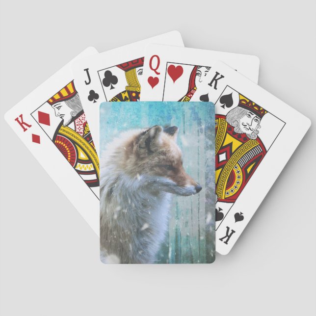 Cute Furry Fox on Blue Grunge Background Playing Cards (Back)