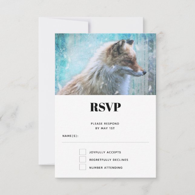 Cute Furry Fox on Blue Grunge Background RSVP Card (Front)