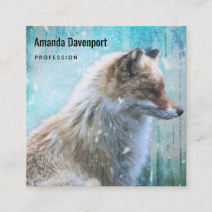 Cute Furry Fox on Blue Grunge Background Square Business Card
