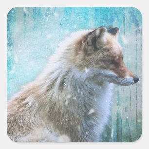 Cute Furry Fox on Blue Grunge Background Square Sticker