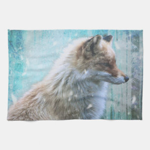 Cute Furry Fox on Blue Grunge Background Tea Towel