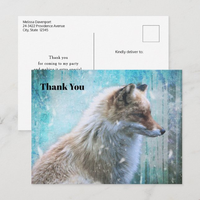 Cute Furry Fox on Blue Grunge Background Thank You Postcard (Front/Back)