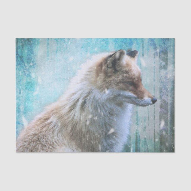 Cute Furry Fox on Blue Grunge Background Tissue Paper (Front)