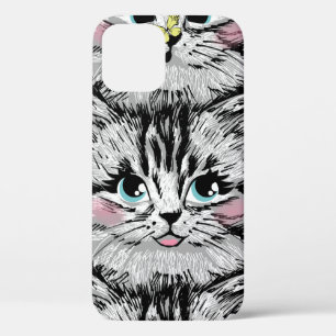 Cute furry kitten face seamless pattern. Illustrat iPhone 12 Case