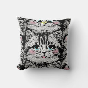 Cute furry kitten face seamless pattern. Illustrat Cushion