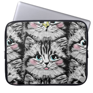 Cute furry kitten face seamless pattern. Illustrat Laptop Sleeve