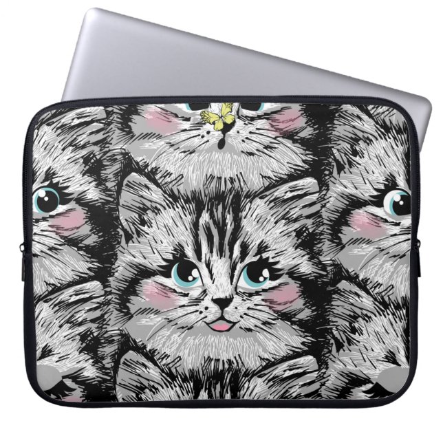 Cute furry kitten face seamless pattern. Illustrat Laptop Sleeve (Front)