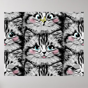 Cute furry kitten face seamless pattern. Illustrat Poster