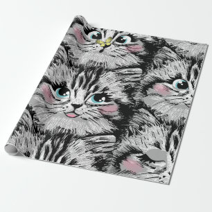 Cute furry kitten face seamless pattern. Illustrat Wrapping Paper