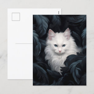 Cute Furry White Cat Sitting Among The Leaves Holiday Postcard