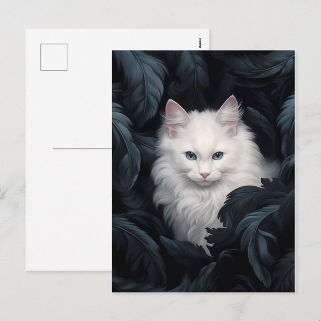 Cute Furry White Cat Sitting Among The Leaves Holiday Postcard (Front/Back)