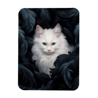 Cute Furry White Cat Sitting Among The Leaves Magnet