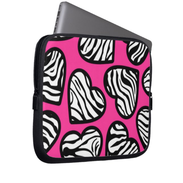 Cute fuschia pink black white zebra pattern heart  laptop sleeve (Front Right)