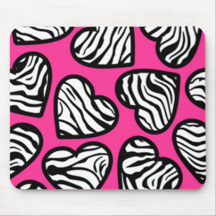 Cute fuschia pink black white zebra pattern heart  mouse mat