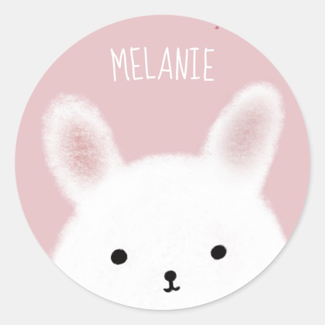 Cute Fuzzy Bunny Pink Personalised Classic Round Sticker (Front)