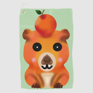 Cute Fuzzy Capybara with Orange   Kawaii Animal Ar Golf Towel