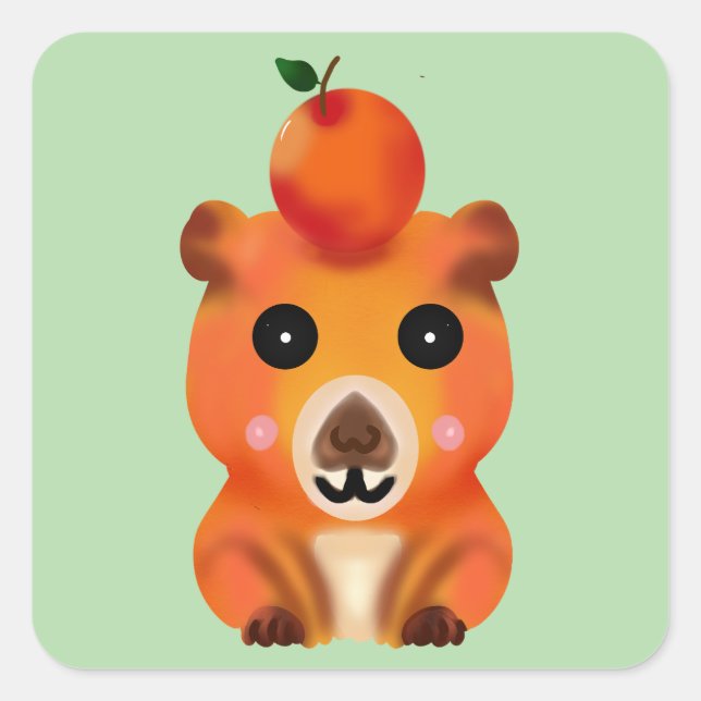 Cute Fuzzy Capybara with Orange | Kawaii Animal Ar Square Sticker (Front)