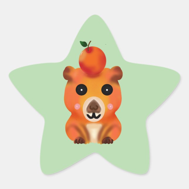 Cute Fuzzy Capybara with Orange | Kawaii Animal Ar Star Sticker (Front)
