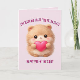 Cute Fuzzy Valentine Character Holding Heart Holiday Card