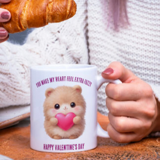 Cute Fuzzy Valentine Character Holding Heart Mug