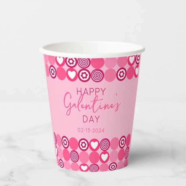 Cute Galentine’s Day Pink Heart and Flower Pattern Paper Cups (Front)