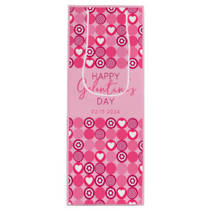 Cute Galentine’s Day Pink Heart and Flower Pattern Wine Gift Bag