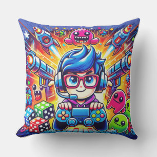 Cute Gamer Boy With Controller Colourful Gaming Ca Cushion
