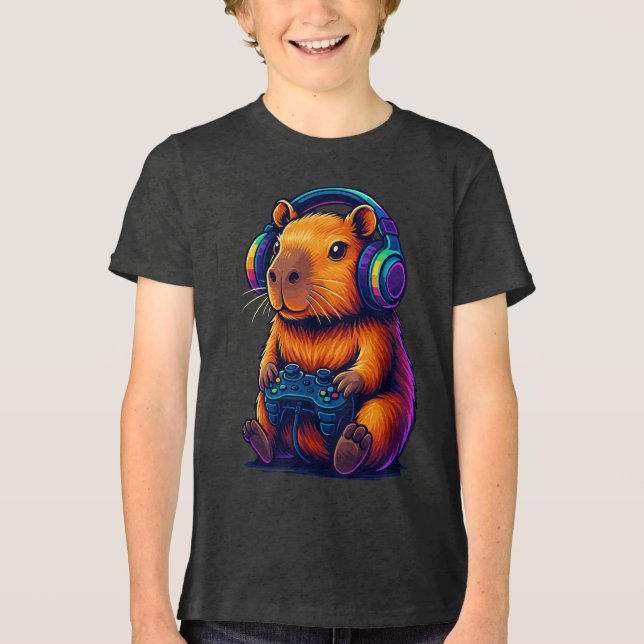 Cute Gamer Capybara — with Headset & Controller Tri-Blend Shirt (Front)