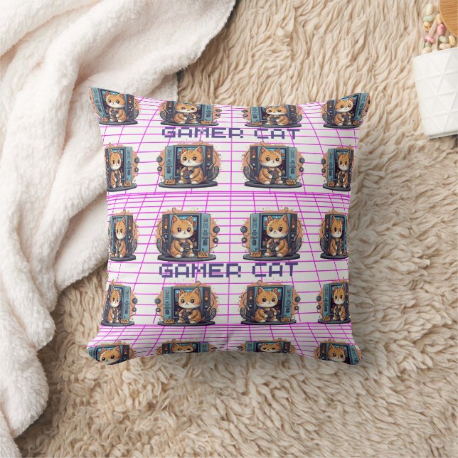 Cute Gamer Cat Blue Print  Cushion (Blanket)