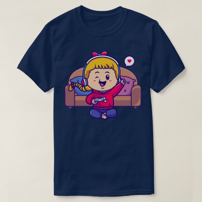 Cute Gamer Girl Cartoon T-Shirt (Design Front)