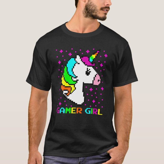 Cute Gamer Girl Gift Rainbow Unicorn Galaxy Cool V T-Shirt (Front)