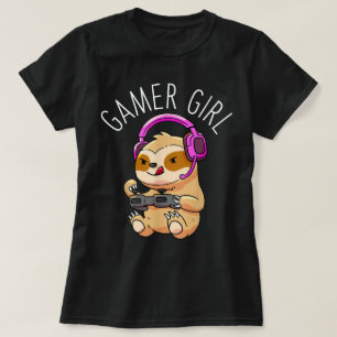 Cute Gamer Girl Sloth Design T-Shirt