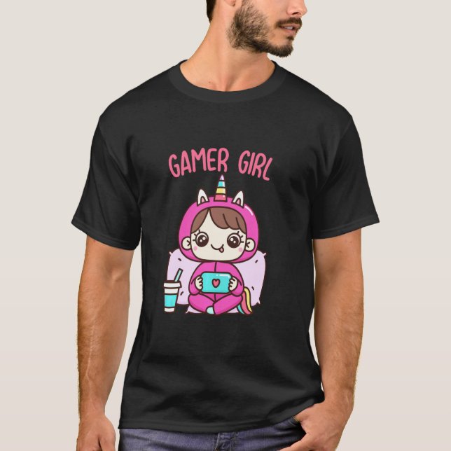 Cute Gamer Girl Wearing Unicorn Pajama Girl Love V T-Shirt (Front)