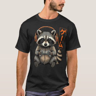 Cute Gamer Racoon Japanese Kanji Game Controller T-Shirt