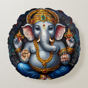 Cute Ganesh Blue Elephant God  Round Cushion