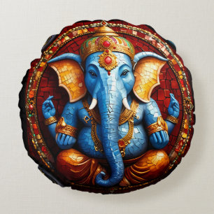 Cute Ganesh Blue Elephant God Round Cushion