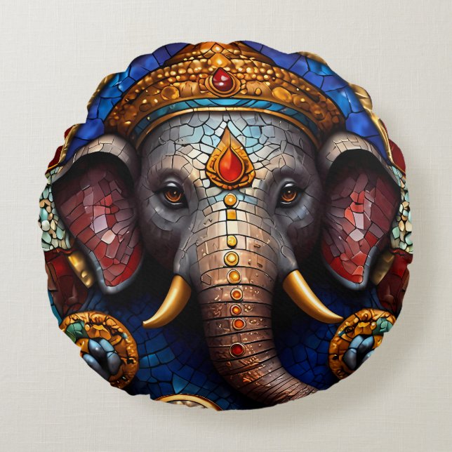 Cute Ganesh Blue Elephant God Round Cushion Pillow (Front)