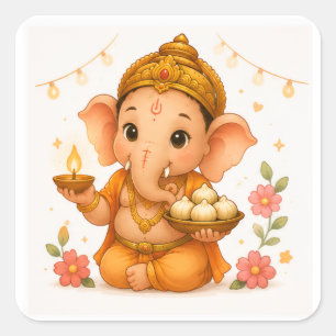 Cute Ganesha Diya Modak Ganesh Chaturthi Square Sticker