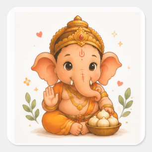 Cute Ganesha with Modak Ganesh Chaturthi Square Sticker