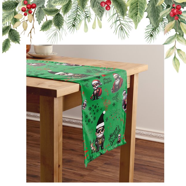 Cute Gangster Santa Merry Christmas on Green |     Long Table Runner (Creator Uploaded)