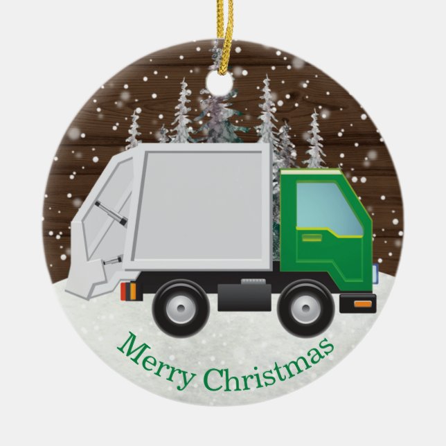 Cute Garbage Truck Green Christmas Ceramic Tree Decoration (Front)