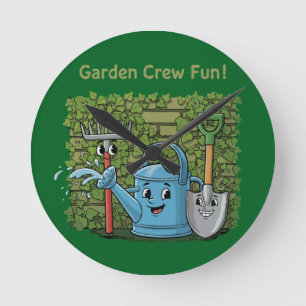 Cute Garden Crew Fun! Cartoon Gardening Tools Round Clock