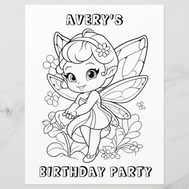 Cute garden fairy birthday coloring activity  (Front)